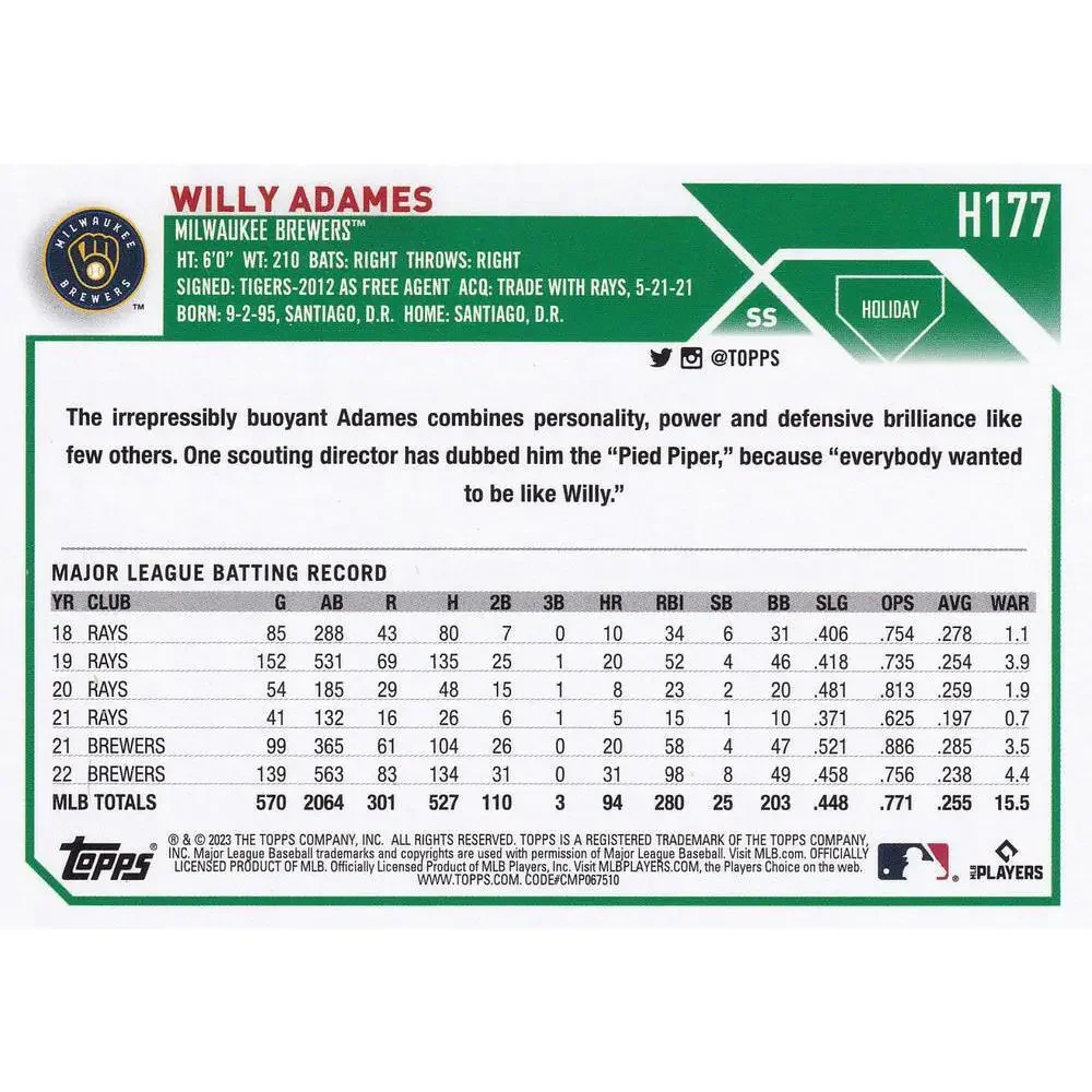 2023 Topps Holiday Willy Adames H177 Milwaukee Brewers